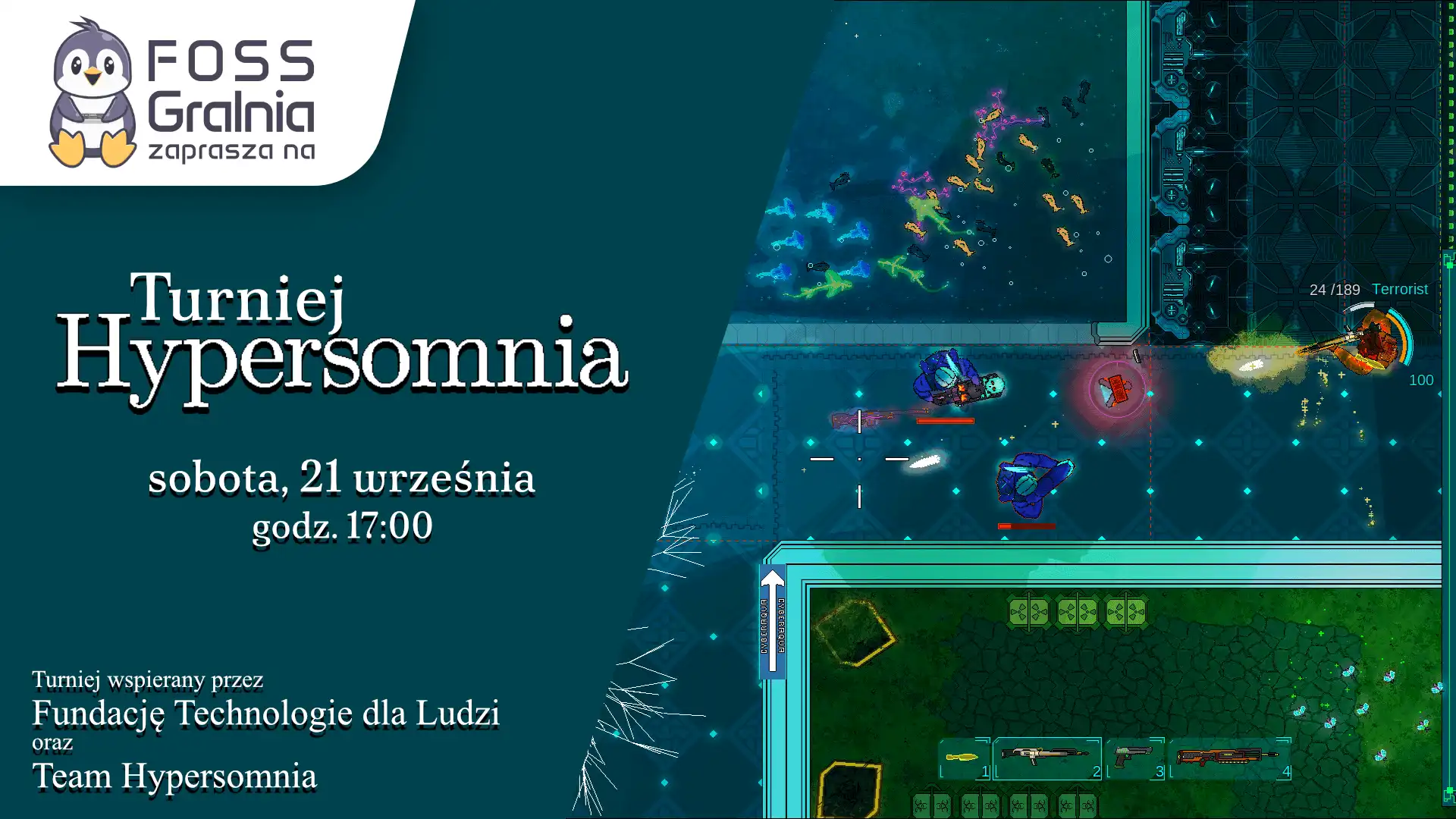 Grafika turniejowa z datą, organizatorem i rozgrywką z gry